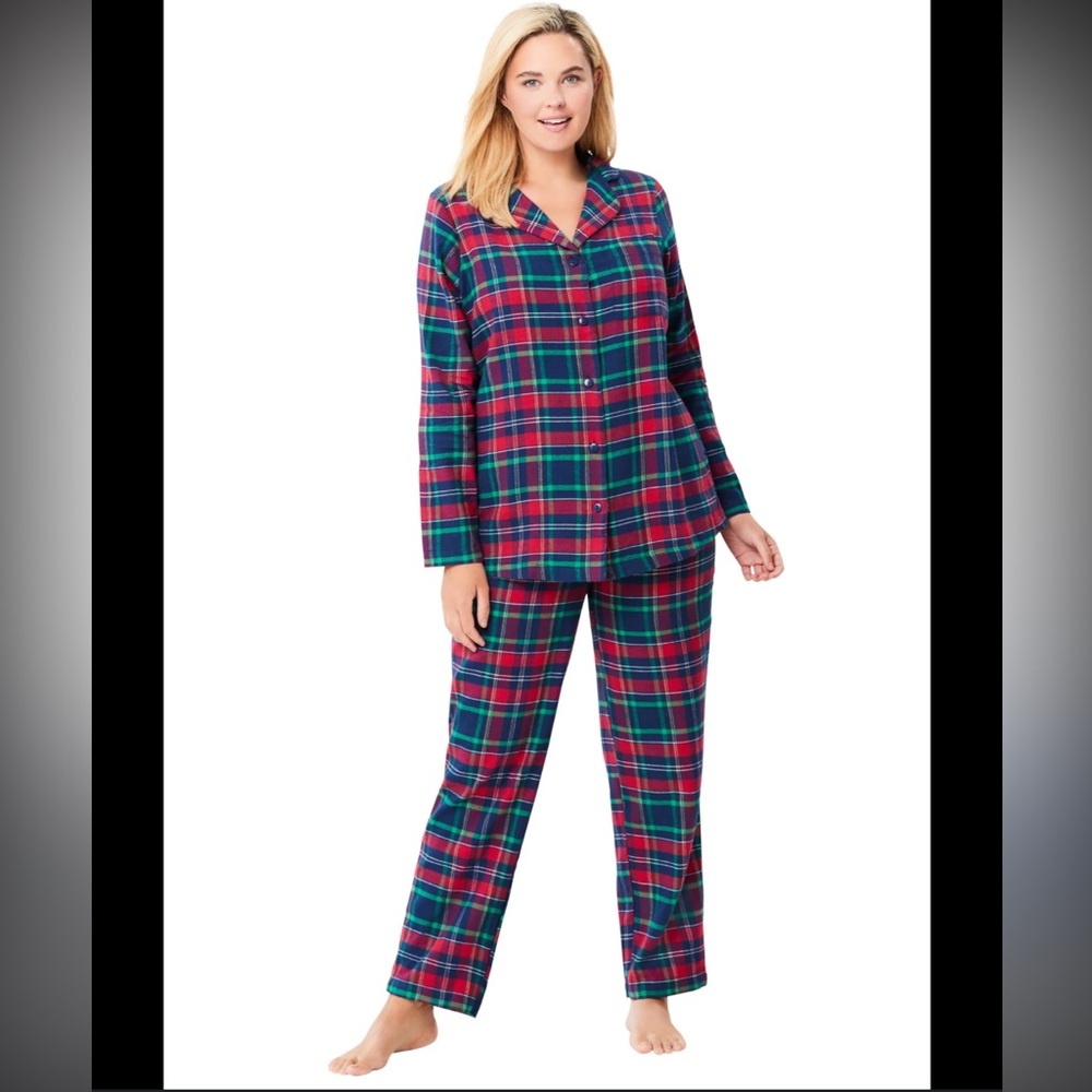 Dreams & Co Plus Size Classic Flannel Pajama Set - Plaid Button-Up